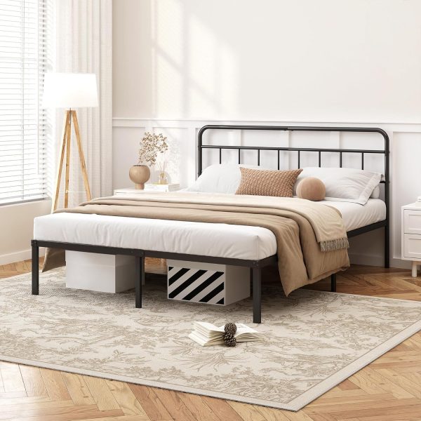 12 inches Full Size Bed Frame with Minimalist headboard,Metal Platform Base with Strong Metal Slats,Mattress Foundation for Under Bed Storage,Easy Assembly,Black
