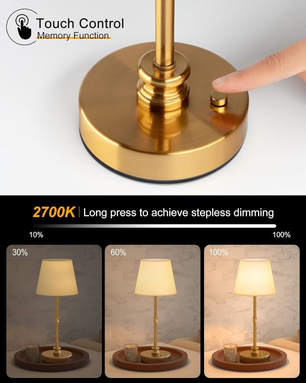 EppieBasic Cordless Table Lamp, 5200mAh Rechargeable Battery Operated Lamp, Portable LED Touch Lamp, 3-Level Brightness Dimmable, Small Gold with Fabric Shade, 2700K for Dining, Bedside, Bathroom - Image 2