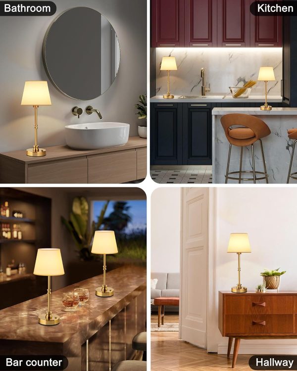 EppieBasic Cordless Table Lamp, 5200mAh Rechargeable Battery Operated Lamp, Portable LED Touch Lamp, 3-Level Brightness Dimmable, Small Gold with Fabric Shade, 2700K for Dining, Bedside, Bathroom - Image 3
