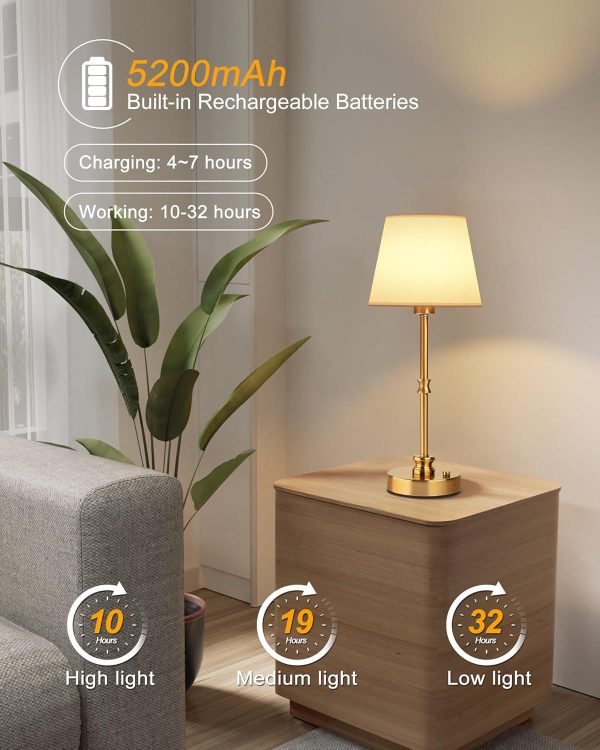 EppieBasic Cordless Table Lamp, 5200mAh Rechargeable Battery Operated Lamp, Portable LED Touch Lamp, 3-Level Brightness Dimmable, Small Gold with Fabric Shade, 2700K for Dining, Bedside, Bathroom - Image 4