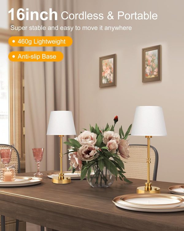 EppieBasic Cordless Table Lamp, 5200mAh Rechargeable Battery Operated Lamp, Portable LED Touch Lamp, 3-Level Brightness Dimmable, Small Gold with Fabric Shade, 2700K for Dining, Bedside, Bathroom - Image 5