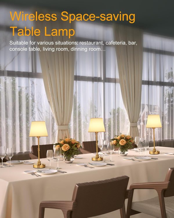 EppieBasic Cordless Table Lamp, 5200mAh Rechargeable Battery Operated Lamp, Portable LED Touch Lamp, 3-Level Brightness Dimmable, Small Gold with Fabric Shade, 2700K for Dining, Bedside, Bathroom - Image 6