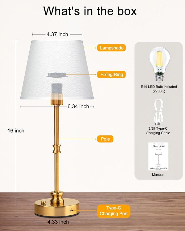 EppieBasic Cordless Table Lamp, 5200mAh Rechargeable Battery Operated Lamp, Portable LED Touch Lamp, 3-Level Brightness Dimmable, Small Gold with Fabric Shade, 2700K for Dining, Bedside, Bathroom - Image 9