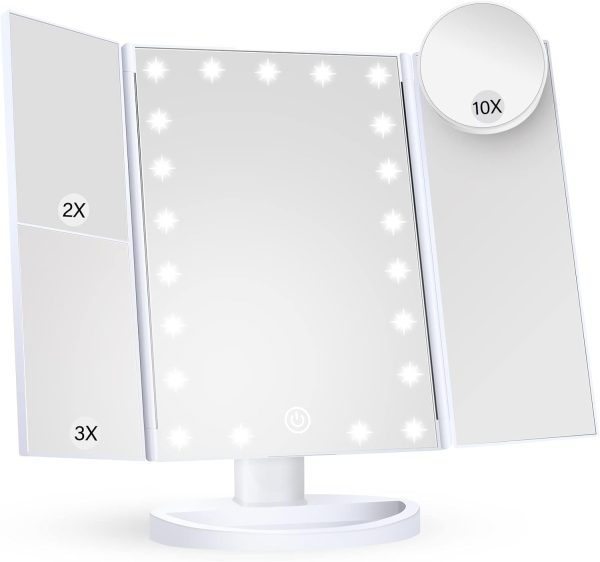 HUONUL Makeup Mirror Vanity Mirror with Lights, 2X, 3X, 10X Magnification, Touch Control, Trifold, White, 9.4"L x 13.4"W, Modern Style, Dresser Mount, Bathroom