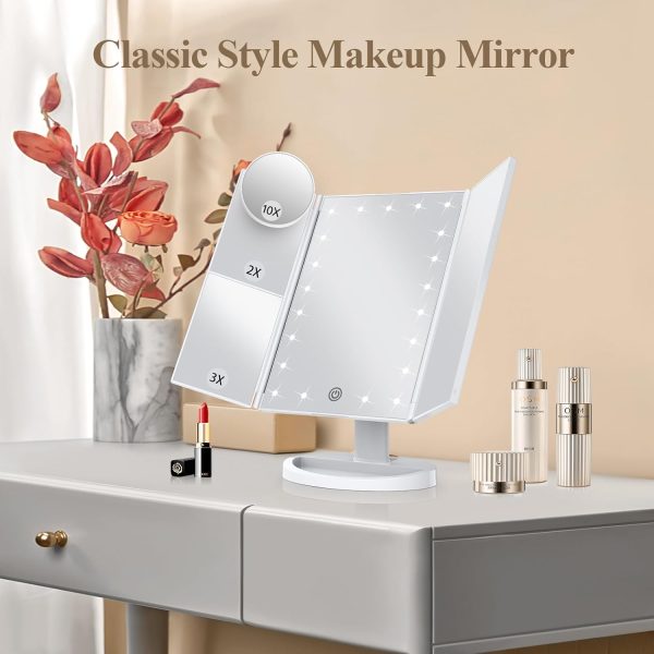 HUONUL Makeup Mirror Vanity Mirror with Lights, 2X, 3X, 10X Magnification, Touch Control, Trifold, White, 9.4"L x 13.4"W, Modern Style, Dresser Mount, Bathroom - Image 2