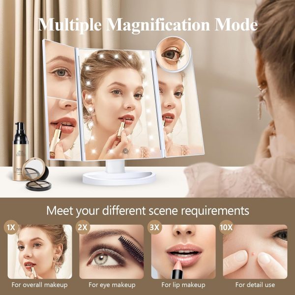 HUONUL Makeup Mirror Vanity Mirror with Lights, 2X, 3X, 10X Magnification, Touch Control, Trifold, White, 9.4"L x 13.4"W, Modern Style, Dresser Mount, Bathroom - Image 4