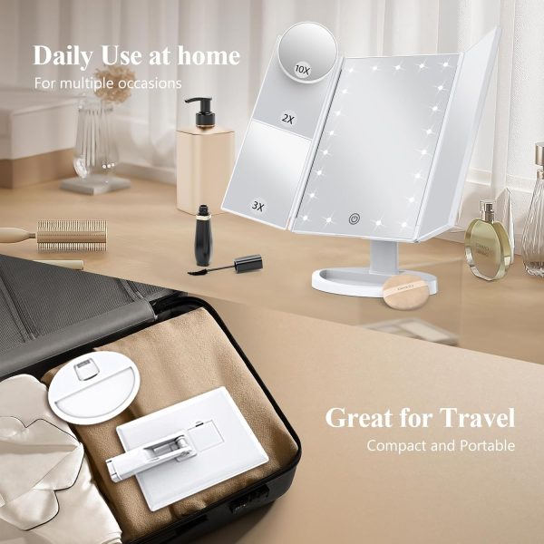 HUONUL Makeup Mirror Vanity Mirror with Lights, 2X, 3X, 10X Magnification, Touch Control, Trifold, White, 9.4"L x 13.4"W, Modern Style, Dresser Mount, Bathroom - Image 5