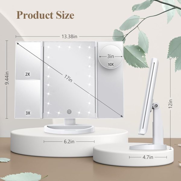 HUONUL Makeup Mirror Vanity Mirror with Lights, 2X, 3X, 10X Magnification, Touch Control, Trifold, White, 9.4"L x 13.4"W, Modern Style, Dresser Mount, Bathroom - Image 6