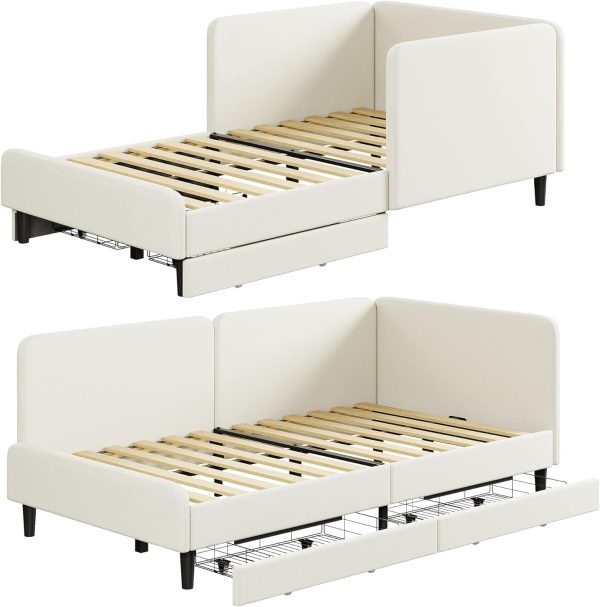LIKIMIO Twin XL Daybed with Headboard, Corner Bed Frame with Bed Rails and Storage Drawers, Solid Support, for Bedroom Guest Room, Cream