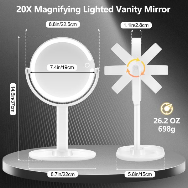 MIYADIVA Makeup Mirror with Lights,20X Magnifying Mirror with Light and Touch Switch,Vanity Mirror with 3 Color Light and 80 LEDs,2-Sided Lighted Magnified Mirror 8.8 Inches - Image 6