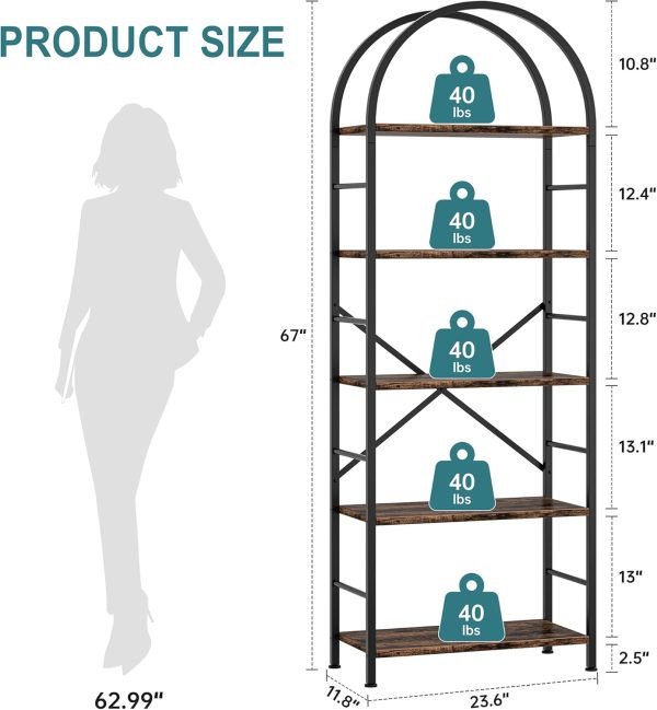 Shintenchi Bookshelf, Arched Bookshelf 5 Tier Bookcase, Tall Shelf for CDs/Books, Home Office Shelf Storage Organizer, Modern Book Shelf for Bedroom/Living Room, Rustic Brown - Image 2