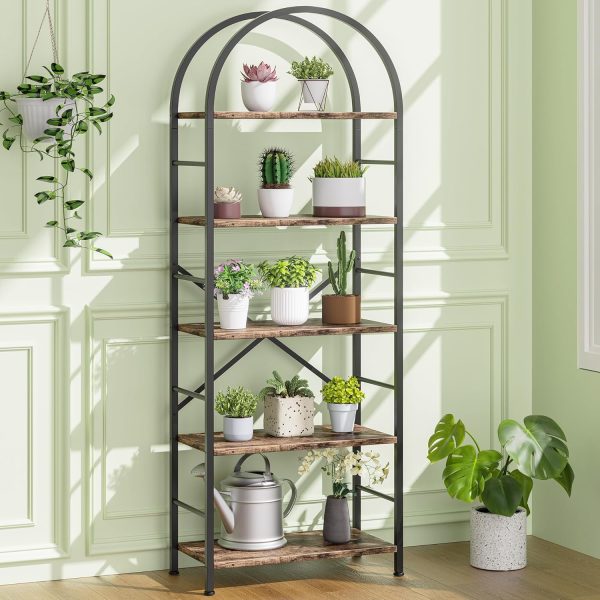 Shintenchi Bookshelf, Arched Bookshelf 5 Tier Bookcase, Tall Shelf for CDs/Books, Home Office Shelf Storage Organizer, Modern Book Shelf for Bedroom/Living Room, Rustic Brown - Image 9